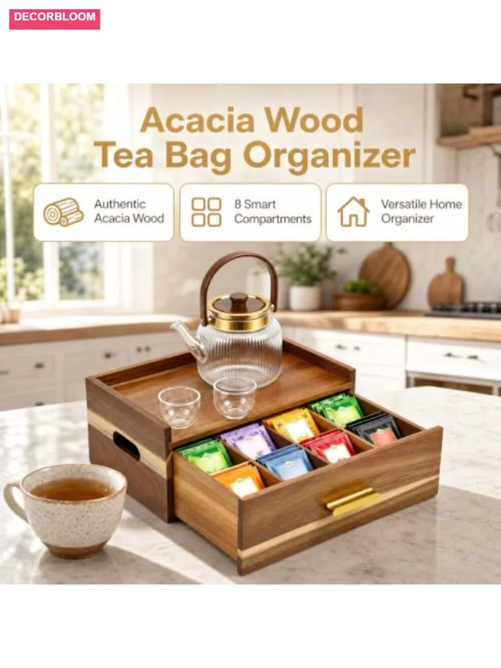 Acacia Wood Tea Bag Organizer Storage Box with Drawer 8 Compartment